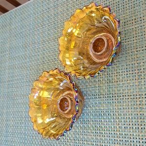 Vintage Indiana Carnival Glass Marigold candle holders in the Wild Rose Pattern
